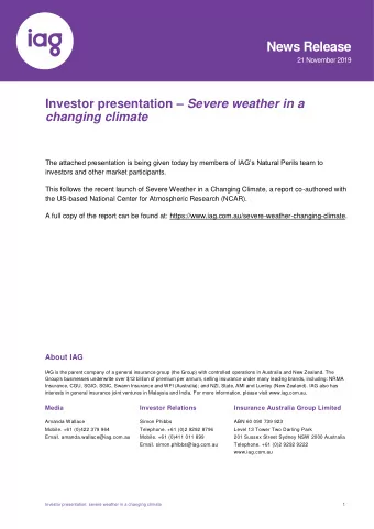 News Release  21 November 2019 Investor presentation  Severe weather in a  changing climate  The