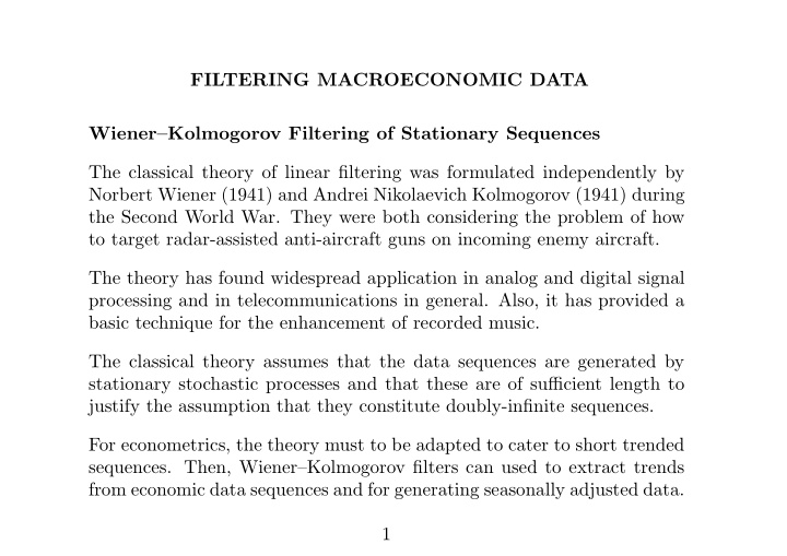 filtering macroeconomic data wiener kolmogorov filtering