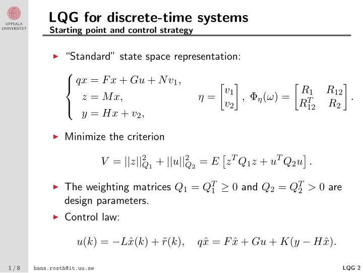lqg for discrete time systems