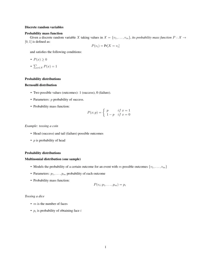discrete random variables probability mass function given
