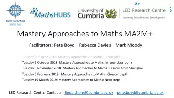 Mastery Approaches to Maths MA2M+  Facilitators: Pete Boyd    Rebecca Davies    Mark Moody Tuesday