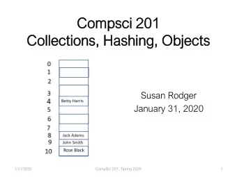 Compsc  sci 201  201  Colle  lectio  ions  ns, Hashing  hing, O  Objects  Susan Rodger  January 31,