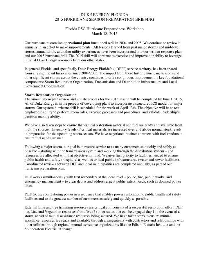duke energy florida 2015 hurricane season preparation