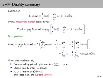 SVM Duality summary  Lagrangian  n L ( w ,  ) = 1   2  w  2  T 2 +  i (1  y i x i w