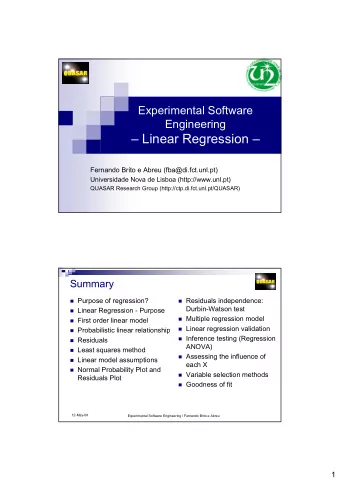 Linear Regression   Fernando Brito e Abreu (fba@di.fct.unl.pt)  Universidade Nova de Lisboa