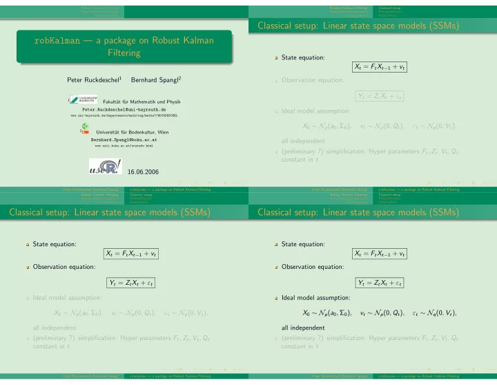 classical setup linear state space models ssms robkalman