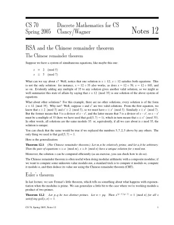 Notes 12  Spring 2005  Clancy/Wagner  RSA and the Chinese remainder theorem  The Chinese remainder