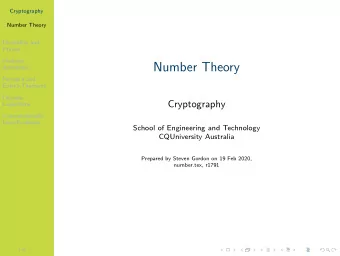 Number Theory  Arithmetic  Fermats and  Eulers Theorems  Discrete  Cryptography  Logarithms