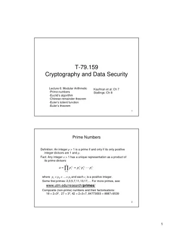 T-79.159  Cryptography and Data Security  Lecture 6: Modular Arithmetic  Kaufman et al: Ch 7
