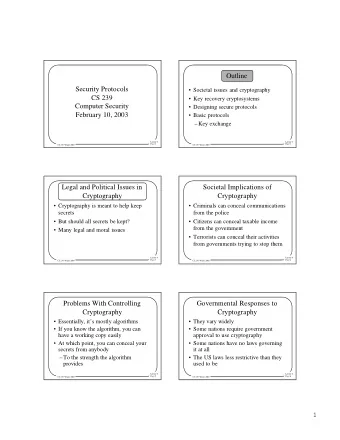 Outline  Security Protocols   Societal issues and cryptography  CS 239   Key recovery