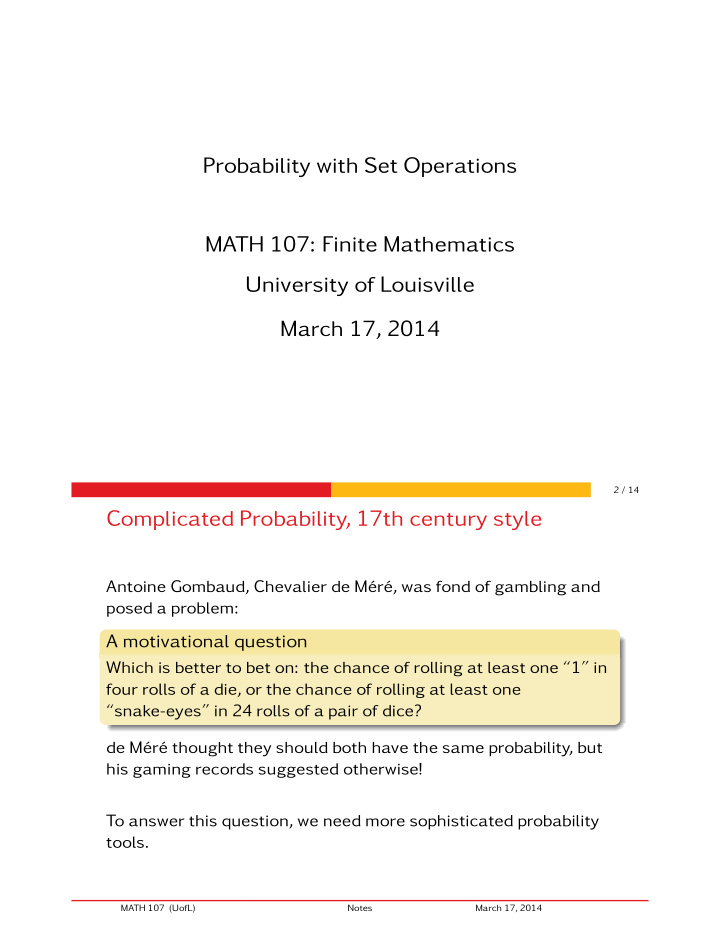 probability with set operations math 107 finite