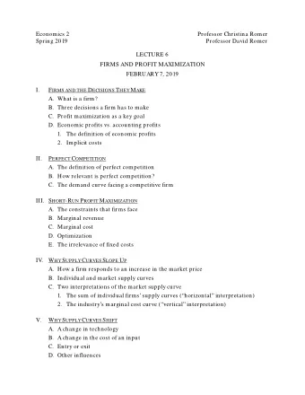 Economics 2  Professor Christina Romer  Spring 2019  Professor David Romer  LECTURE 6  FIRMS AND