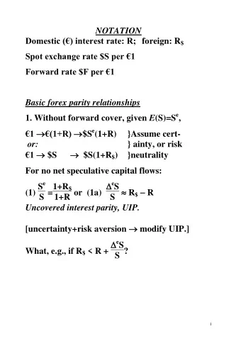 NOTATION Domestic () interest rate: R; foreign: R $ Spot exchange rate $S per 1 Forward rate