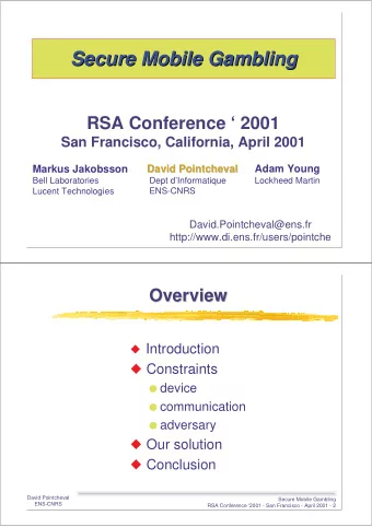 Secure Mobile  Mobile Gambling  Gambling  Secure  RSA Conference  2001  San Francisco,