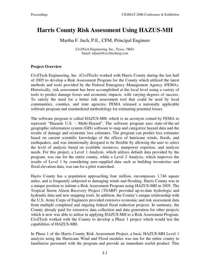 harris county risk assessment using hazus mh