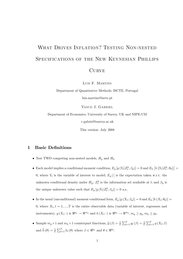 what drives inflation testing non nested specifications