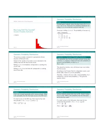 Geometric Probability Distributions  MDM4U: Mathematics of Data Management  Recap  A simple game is