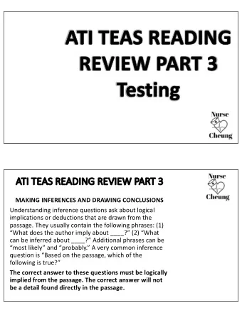 AT  ATI TEAS READING REVIEW PART 3  MAKING INFERENCES AND DRAWING CONCLUSIONS  Understanding