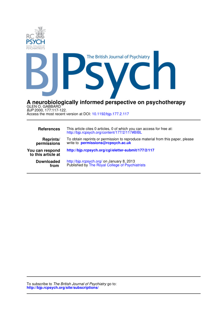 a neurobiologically informed perspective on psychotherapy