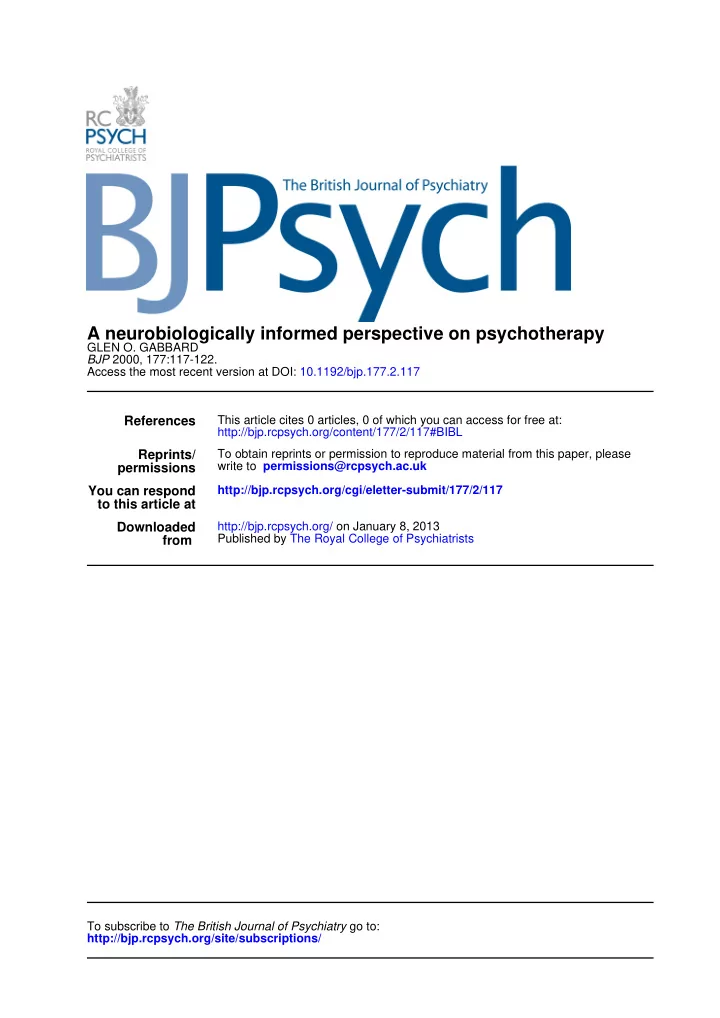 a neurobiologically informed perspective on psychotherapy