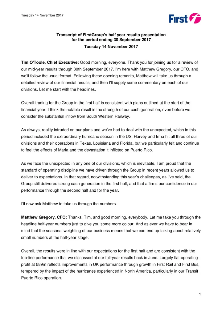 tuesday 14 november 2017 transcript of firstgroup s half