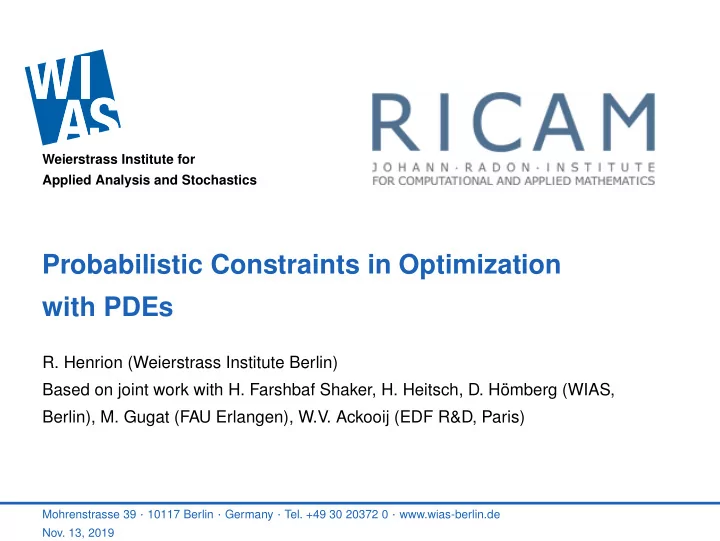 probabilistic constraints in optimization with pdes