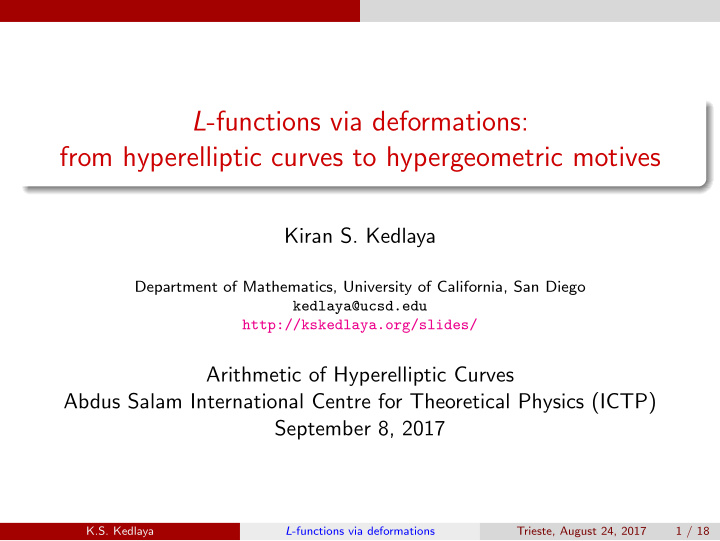 l functions via deformations from hyperelliptic curves to