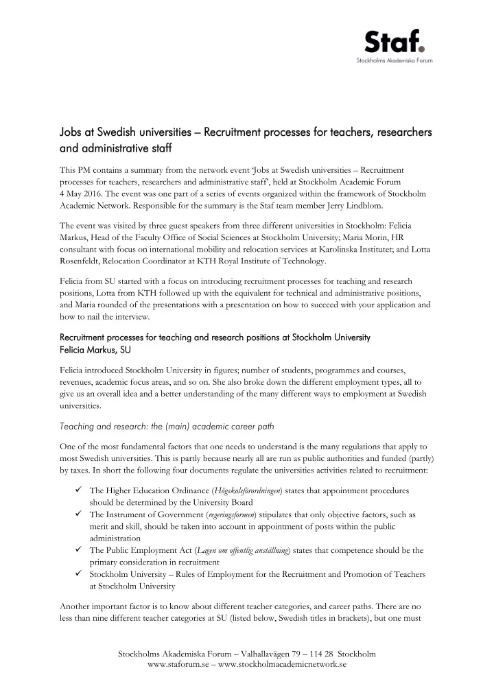 job obs s at swed at swedis ish u h univ iversi ersities