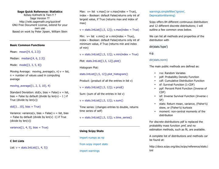 sage quick reference statistics max v list v max or v max