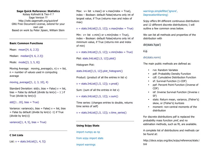 sage quick reference statistics max v list v max or v max