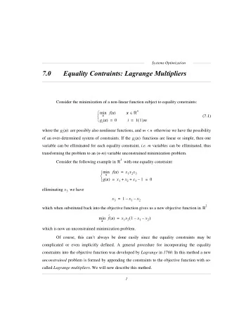 7.0  Equality Contraints: Lagrange Multipliers  Consider the minimization of a non-linear function