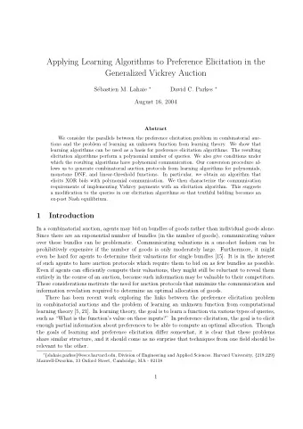 Applying Learning Algorithms to Preference Elicitation in the  Generalized Vickrey Auction ebastien