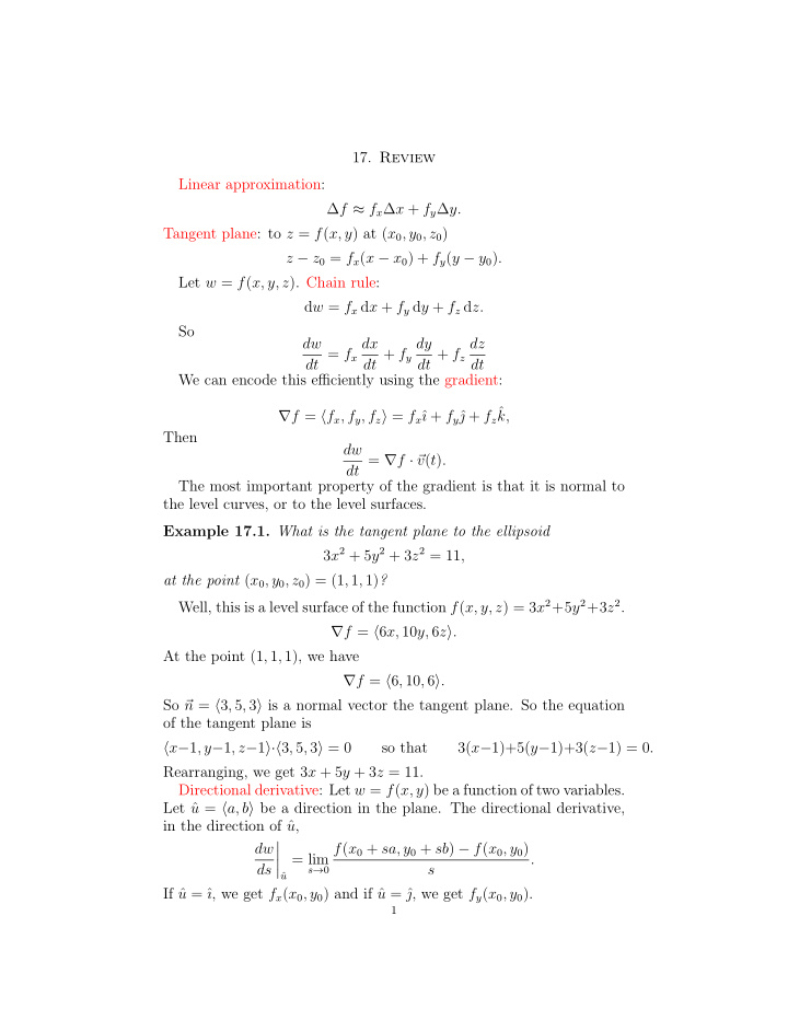 17 review linear approximation f f x x f y y tangent