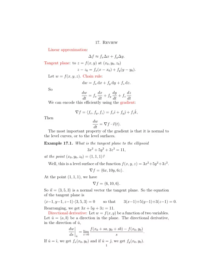 17 review linear approximation f f x x f y y tangent