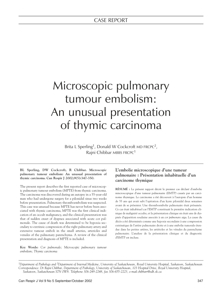 microscopic pulmonary tumour embolism an unusual