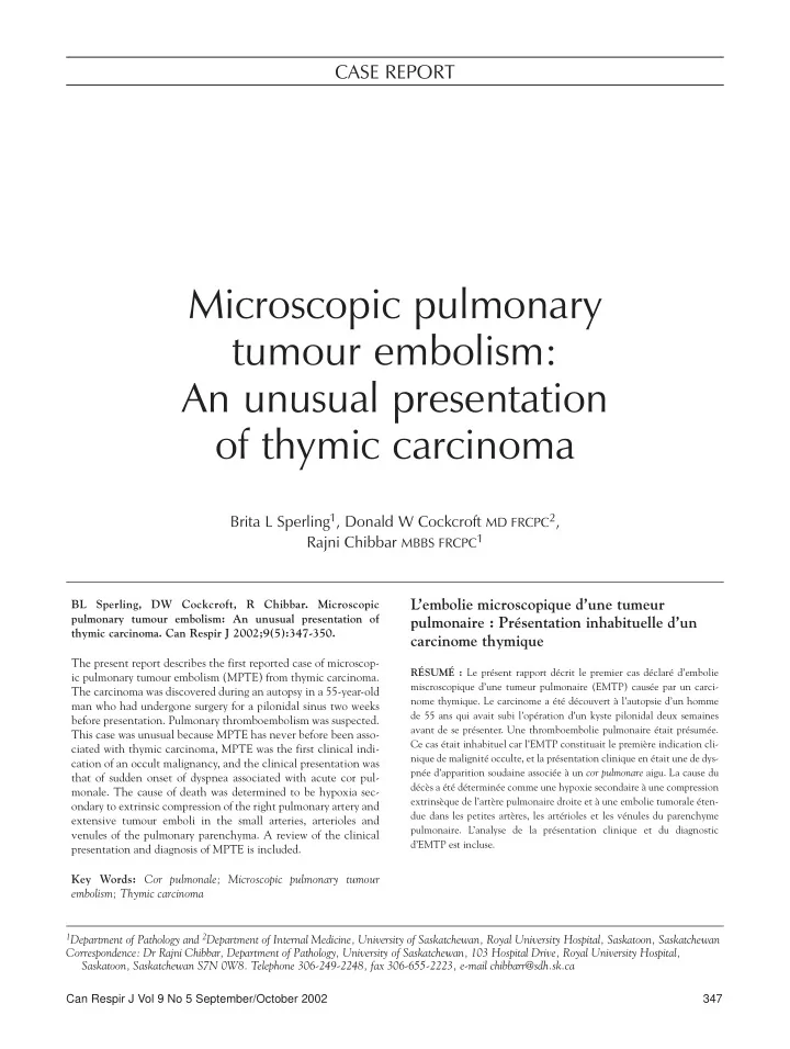 microscopic pulmonary tumour embolism an unusual