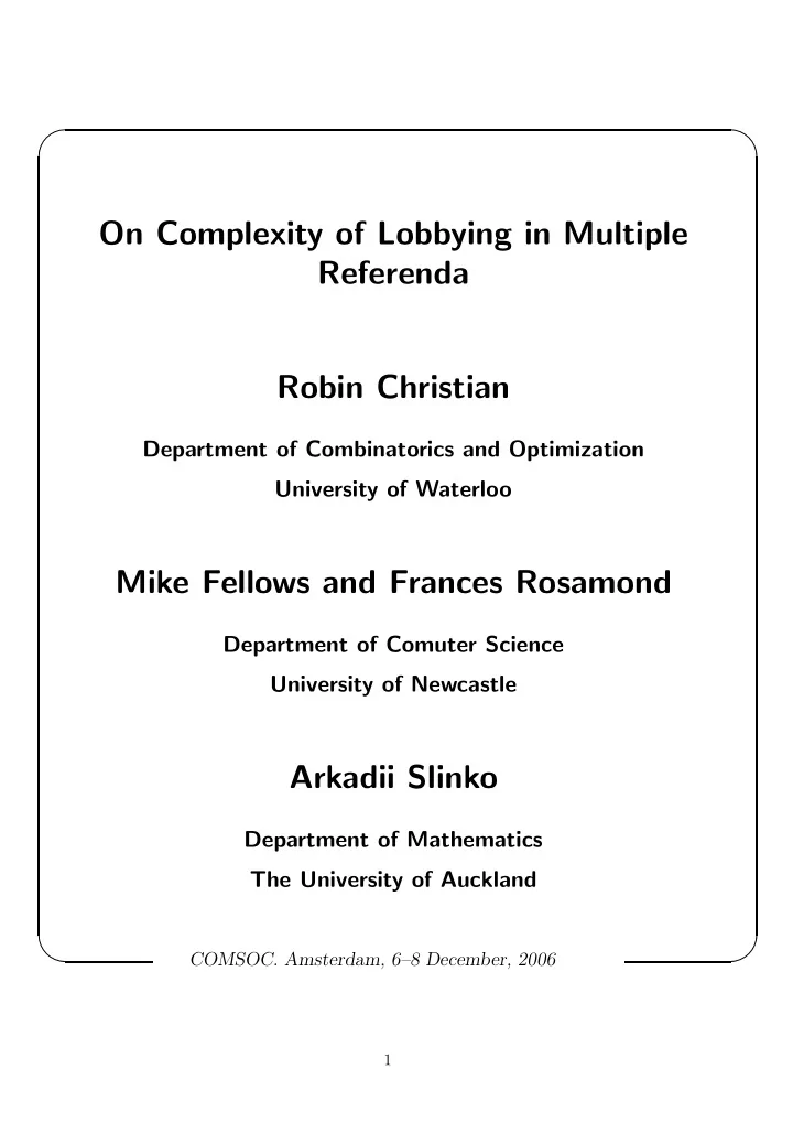 on complexity of lobbying in multiple referenda robin