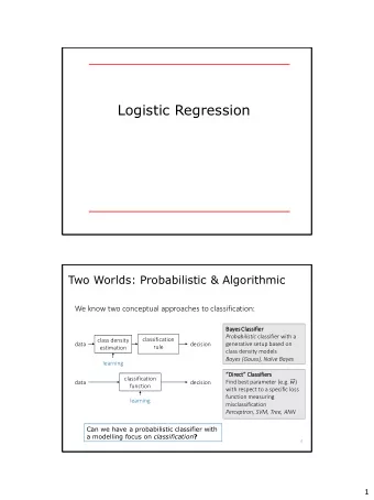 Logistic Regression  Two Worlds: Probabilistic &amp; Algorithmic  We know two conceptual approaches