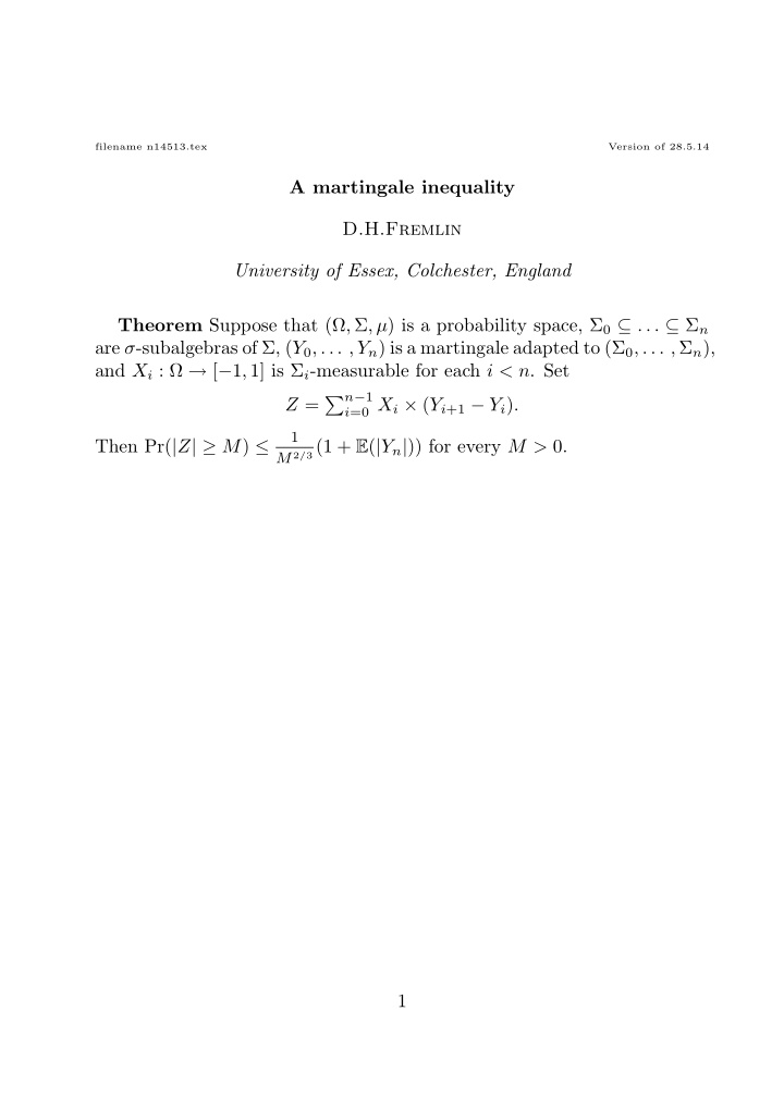 a martingale inequality d h fremlin university of essex