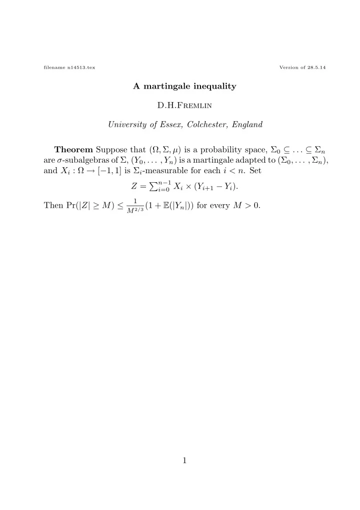 a martingale inequality d h fremlin university of essex