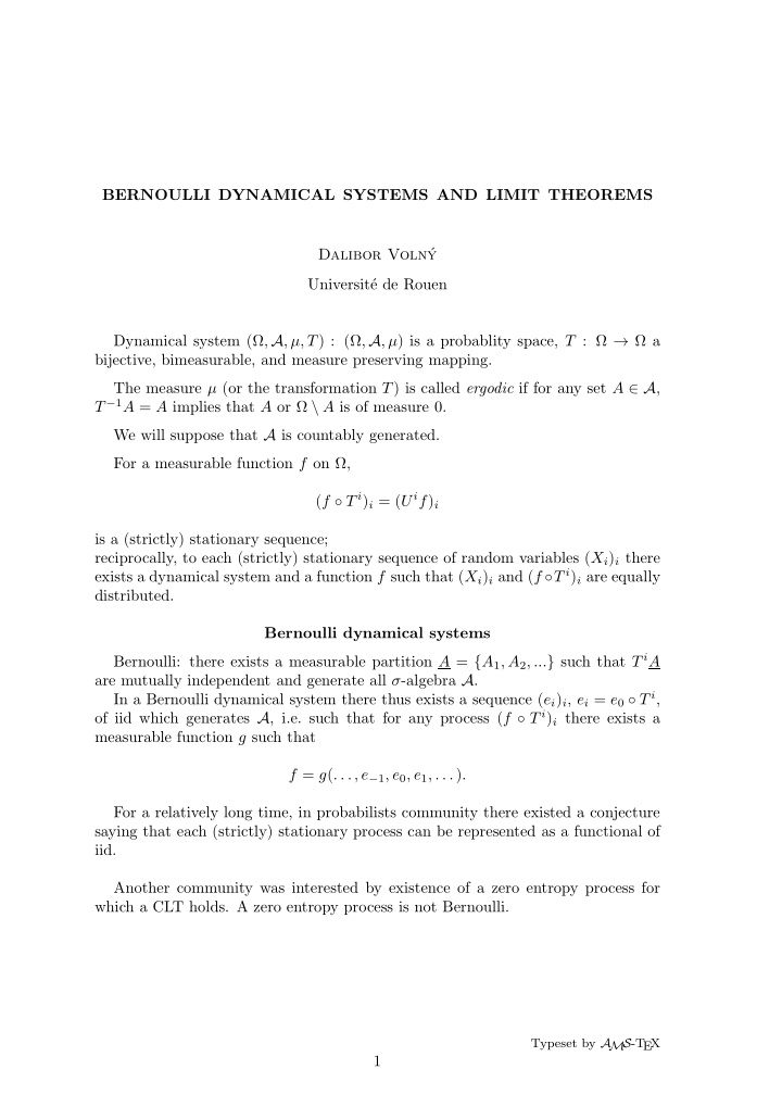 bernoulli dynamical systems and limit theorems dalibor