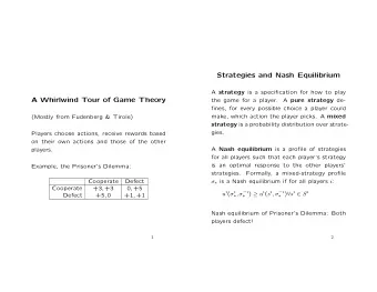 Strategies and Nash Equilibrium A strategy is a specification for how to play  A Whirlwind Tour of