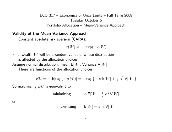 eco 317 economics of uncertainty fall term 2009 tuesday