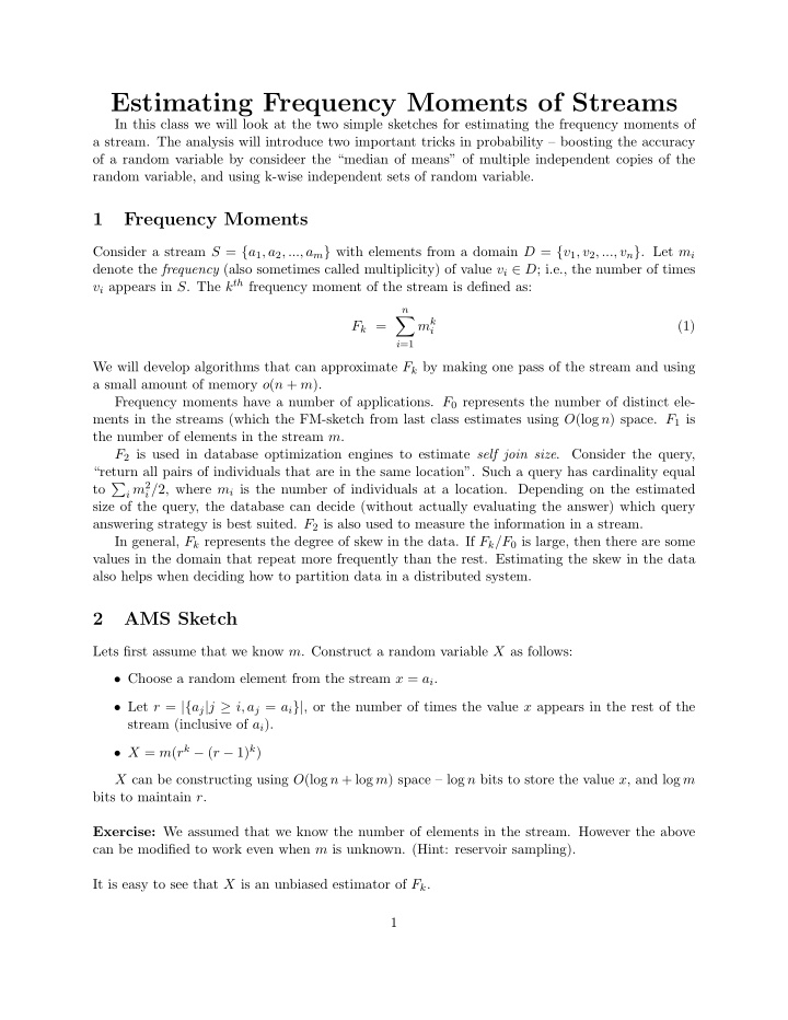 estimating frequency moments of streams