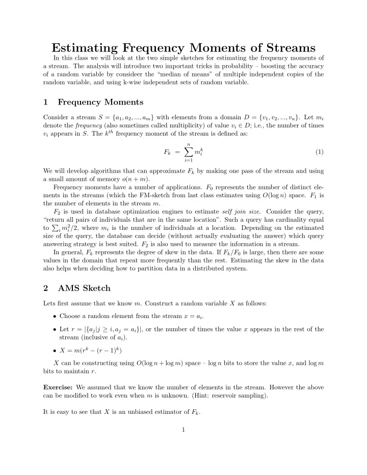 estimating frequency moments of streams