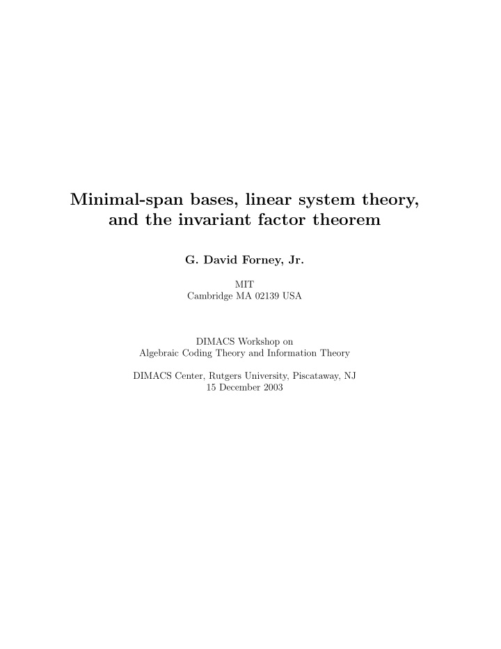 minimal span bases linear system theory and the invariant