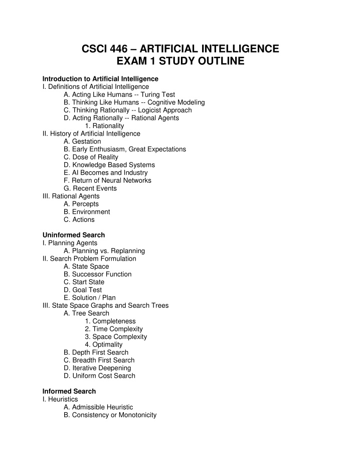 csci 446 artificial intelligence exam 1 study outline