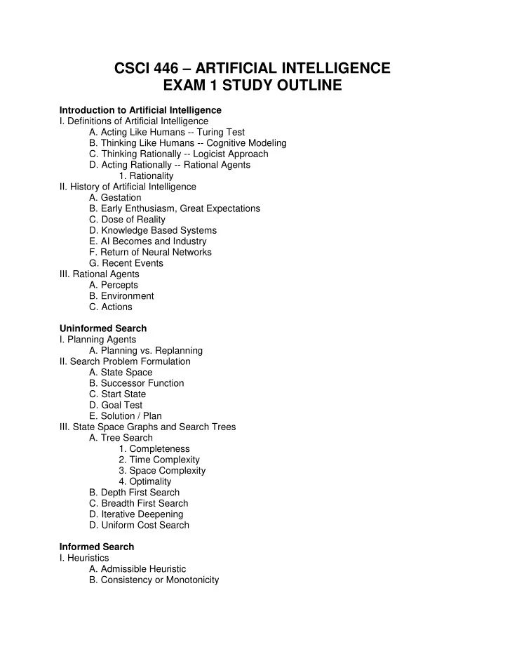 csci 446 artificial intelligence exam 1 study outline