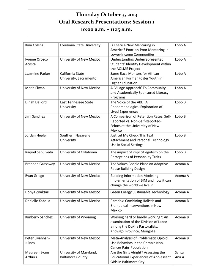 thursday october 3 2013 oral research presentations