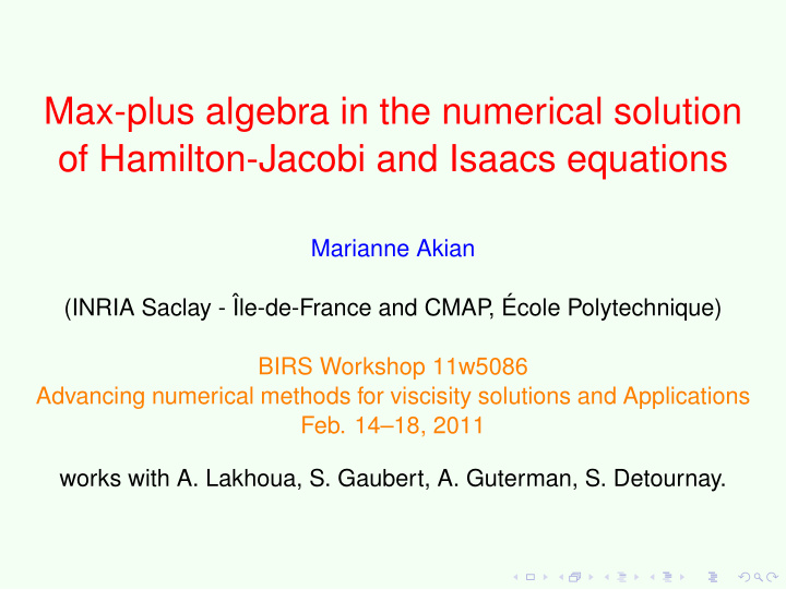 max plus algebra in the numerical solution of hamilton